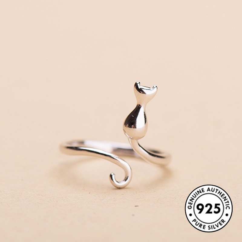 Cincin Sterling Silver 925 Desain Kucing Artistik Lucu Untuk Wanita