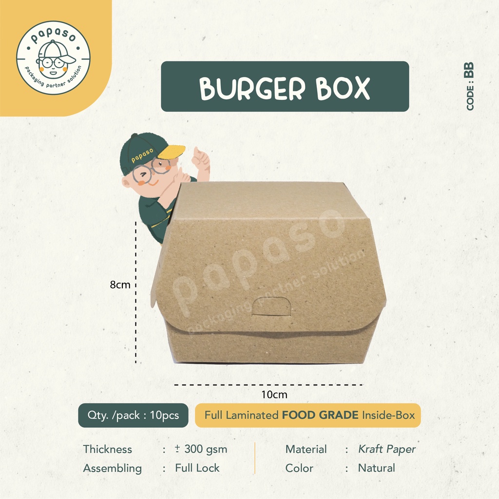 

Burger Box / Kotak Burger (BB) Kraft Full Laminating 1 Sisi Dalam (Min. Order 1pack/10pcs)