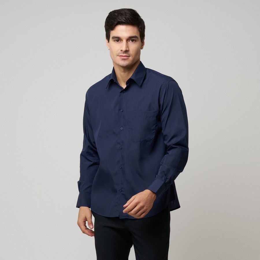 Lesta Langgeng Kemeja Formal Pria Standard Bahan Kain Katun Warna Navy Polos Lengan Panjang