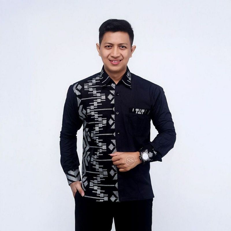 Kemeja Batik Kombinasi Prada ZigZag Silver Lengan Panjang