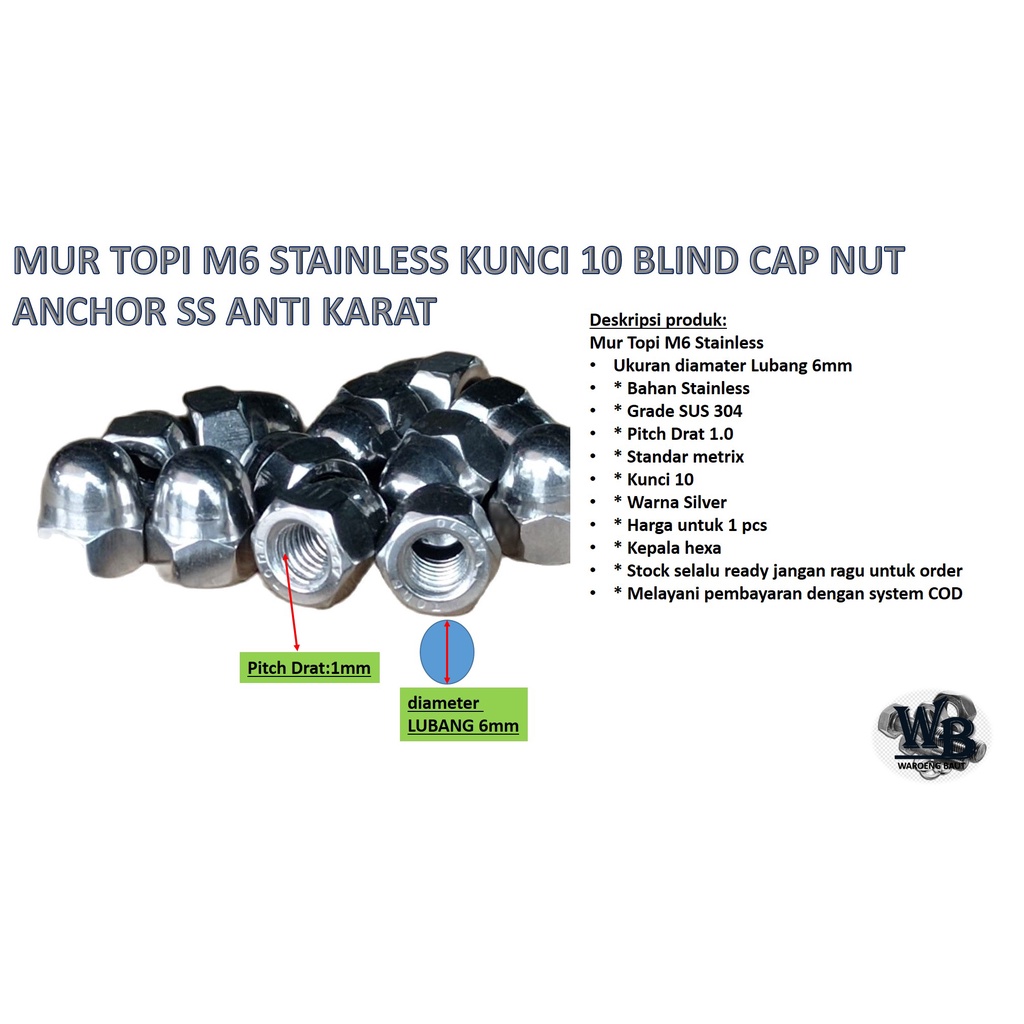 MUR M6 TOPI STAINLESS / MUR TOPI M6 STAINLESS KUNCI 10 BLIND CAP NUT ANCHOR SS ANTI KARAT