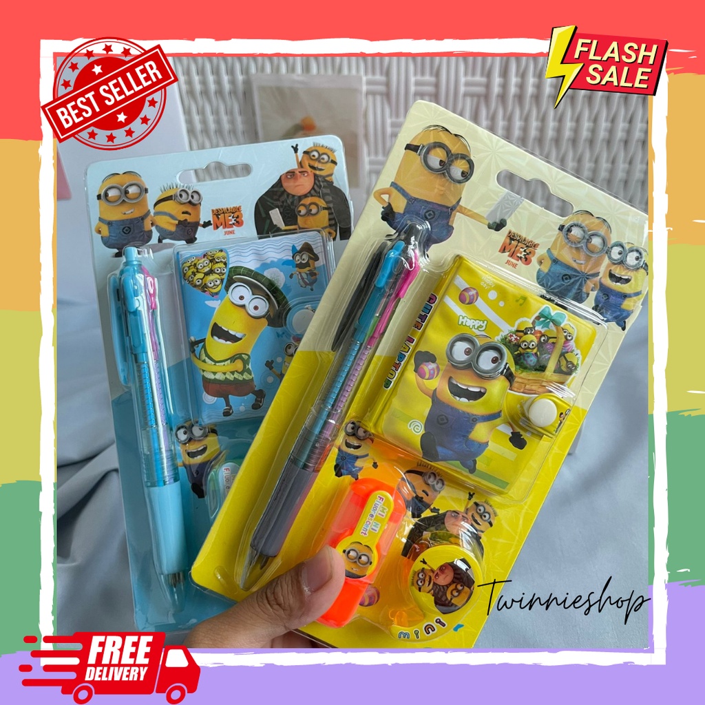 

SET ALAT TULIS MINION 4 IN 1 MINI HIGLIGHTER NOTEBOOK SELOTIP MINI KECIL PEN PULPEN 4 WARNA LENGKAP MURAH READY BERKUALITAS