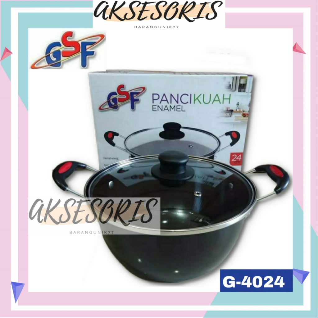 Panci Kuah Gsf 4024 / Panci Kuwah Gsf 24Cm / Panci Enamel Tutup Kaca / Panci Kuah Enamel 24Cm Gsf