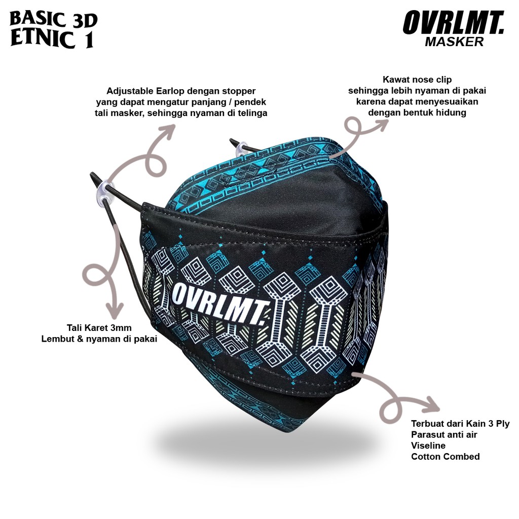 Masker OVERLIMIT BASIC 3D Motif Etnic 1 Pria Wanita Premium Dewasa 3 ply kain 3 lapis Motif Distro Model Adjustable Strap Mask Bahan