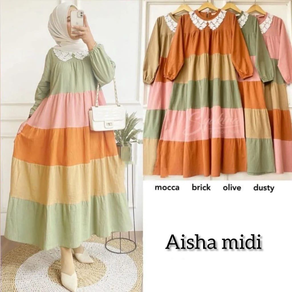 Busana Muslim Wanita Terbaru Aisha Midi Dress Korea Gamis Remaja Crinkle Outfit Wanita Kekinian Casual Dress