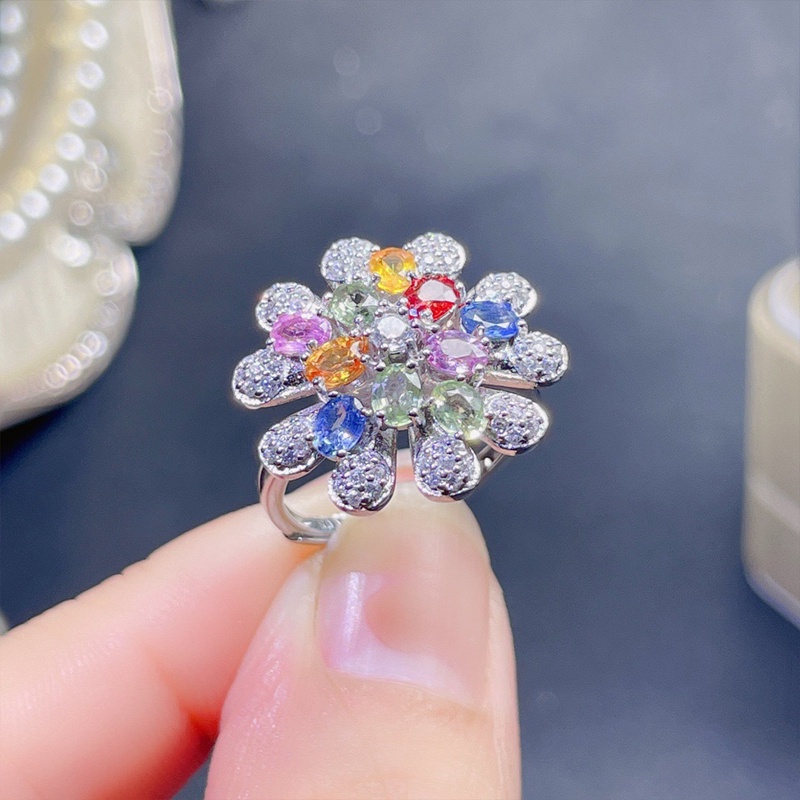 Cincin Wanita Bentuk Bunga Warna-Warni Aksen Cubic Zirconia AAA Untuk Pernikahan