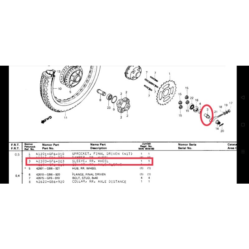 Sleeve rr wheel Bosh bos boss dudukan  rumah nap gear ger gir belakang Honda win win100 ori original