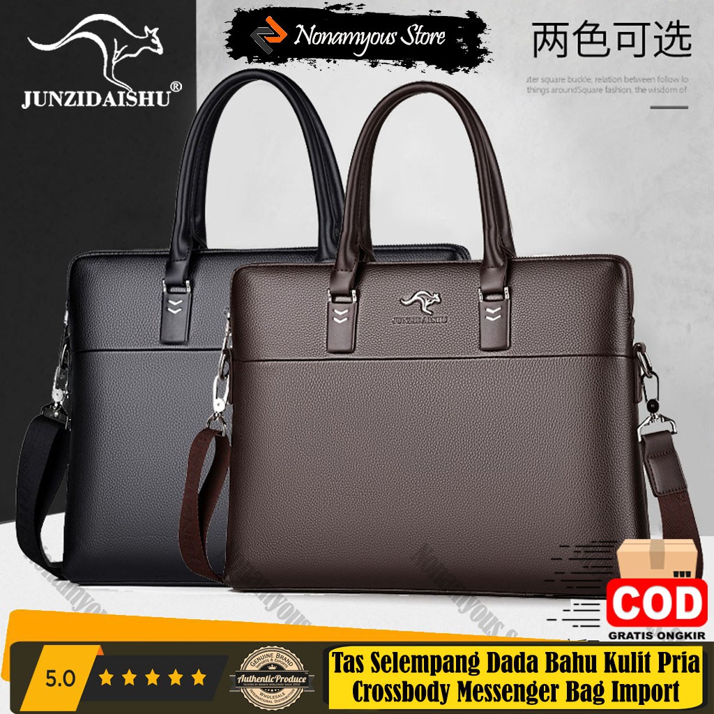 [ORIGINAL] Junzidaishu Tas Kerja Selempang Kulit Pria Briefcase Laptop 14&quot; PU Leather Import