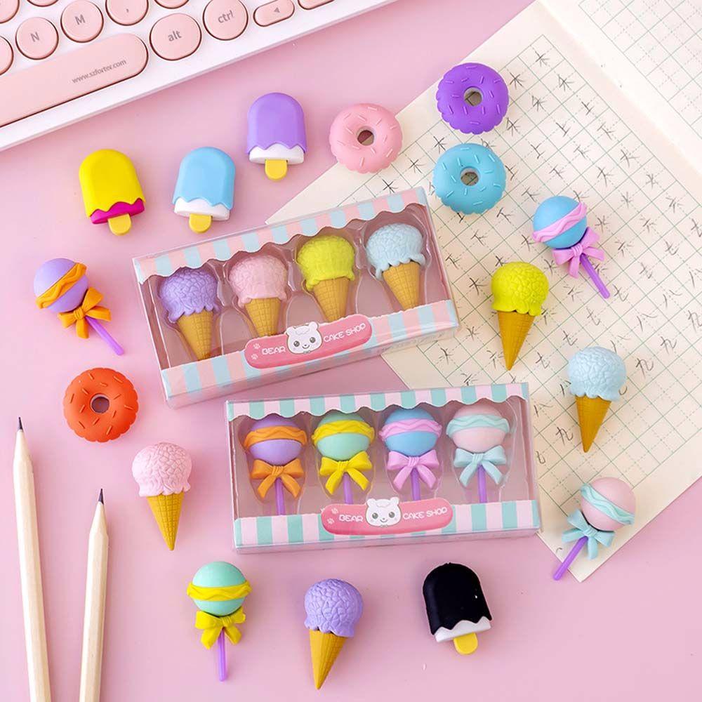 Rebuy Eraser Student 4pcs /Set Novelty Lolipop Dessert Shape Eraser Popsicle Perlengkapan Sekolah Penghapus Es Krim Set