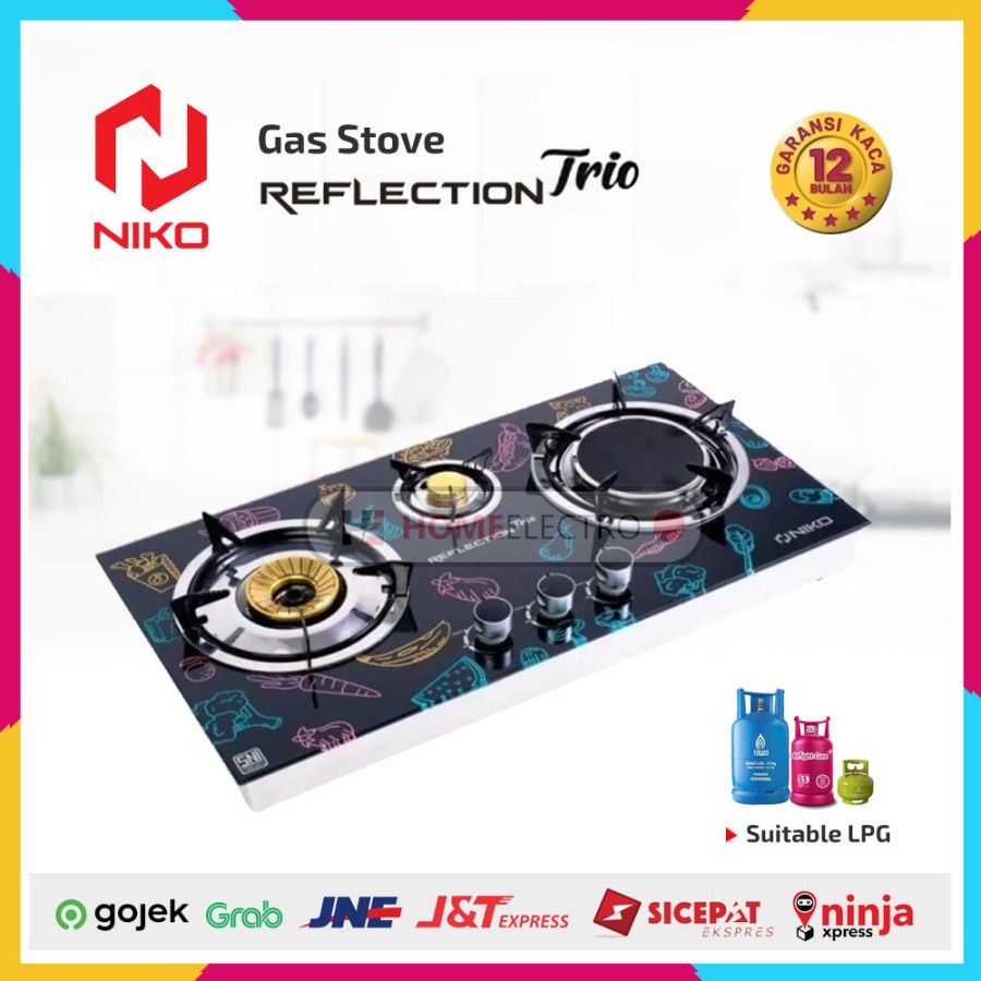 Kompor Gas 3 Tungku Kaca Niko Reflection Trio Gas Stove Tempered Glass