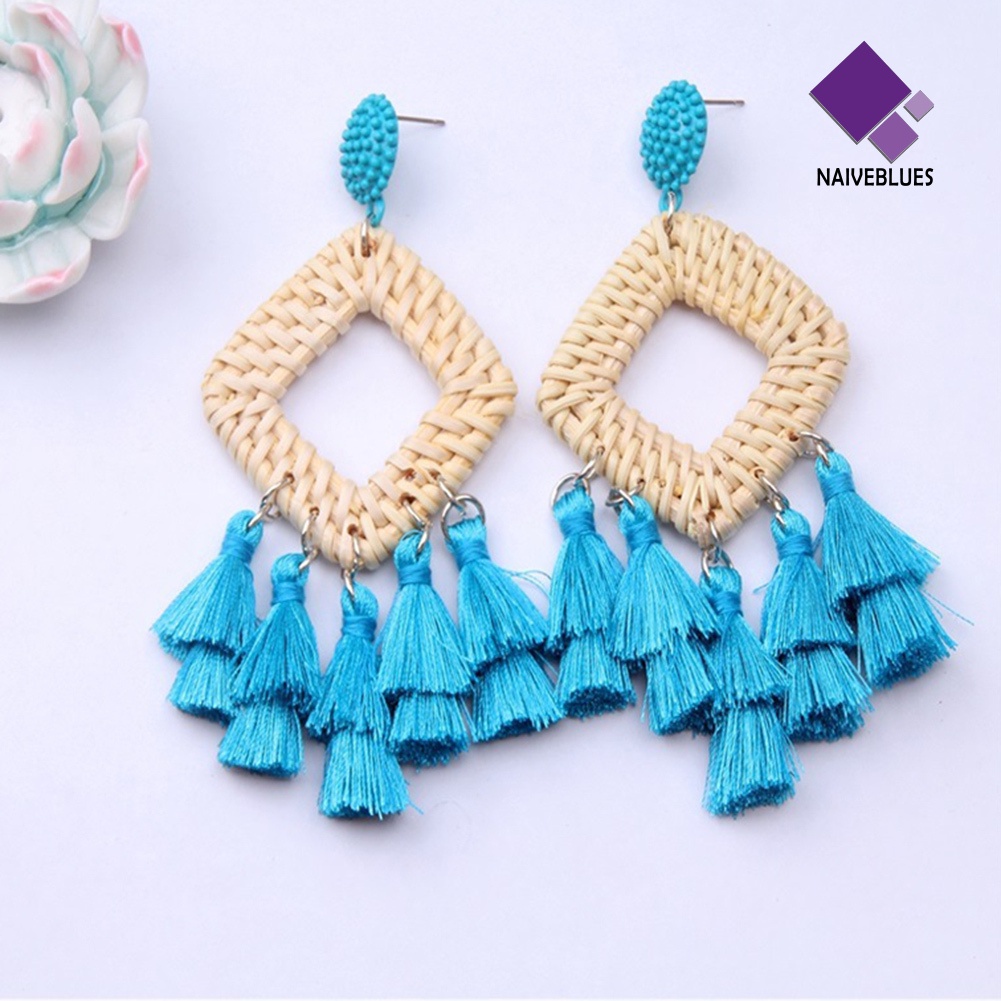 Anting Stud Juntai Bentuk Belah Ketupat Hollow Bahan Rotan Gaya Boho Untuk Wanita