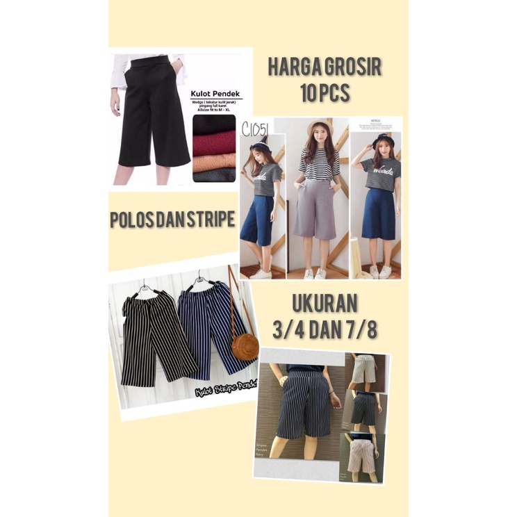 [PAKET USAHA] GROSIR - Celana Kulot Pendek Wanita 3/4 &amp; 7/8 Polos Stripe Dewasa Murah