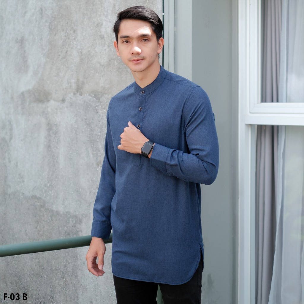 Kemeja Koko Long Kurta Salman Blue Denim / Baju Koko Pria Kurta Salman Premium