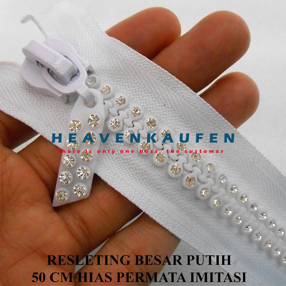 Resleting Zipper Putih Panjang 50 cm Besar Hias Permata Imitasi