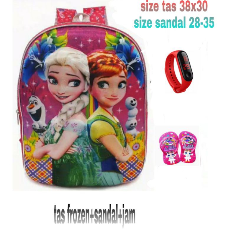 3 in1 tas rangsel anak tk dan sd tas karakter frozen+sandal+jam tangan