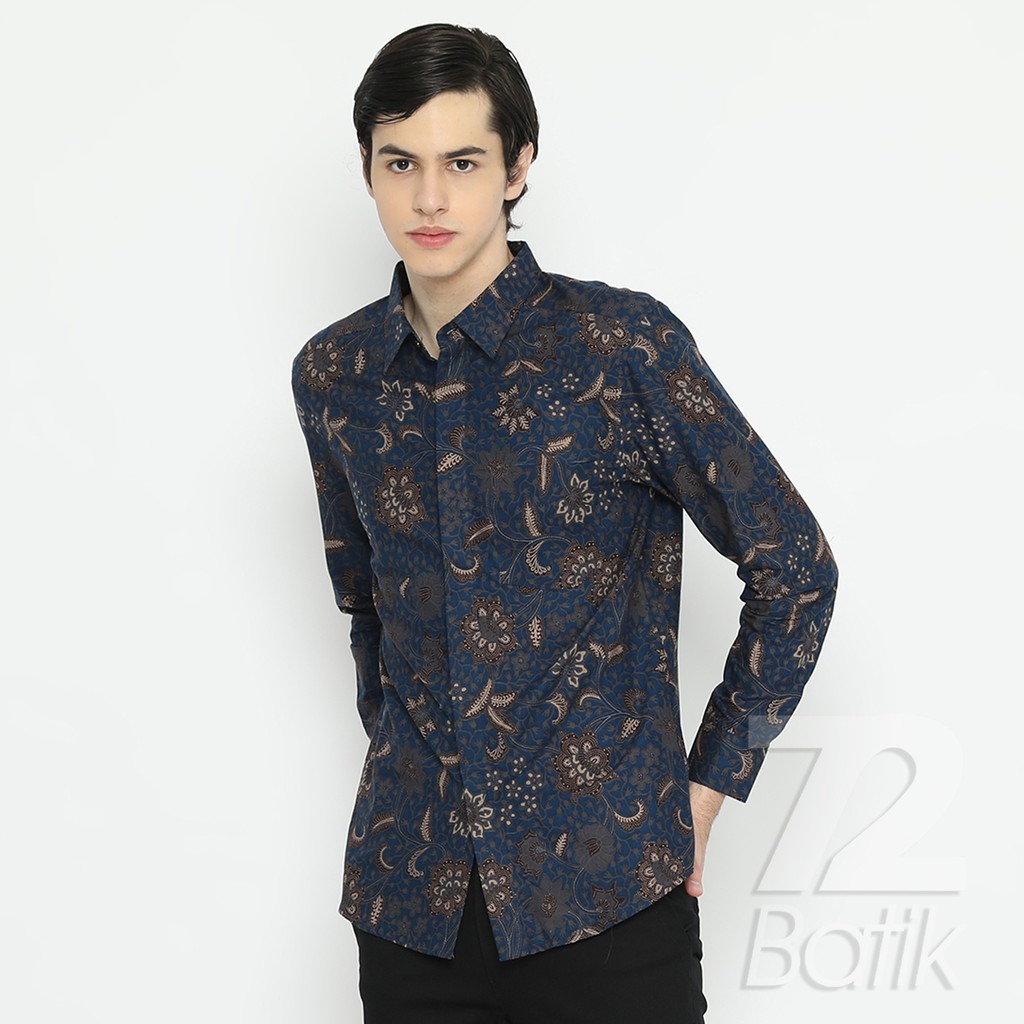 KEMEJA BATIK PRIA Lengan Panjang Slimfit Premium Motif Bunga Biru Tua Dark Blue 722972 Cap 72 - Baju Kemeja Atasan Pakaian Setelan Batik Pria Cowok Laki Laki Remaja Keluarga Kantor Lengan Panjang Modern Slimfit Slim Fit Premium Kekinian