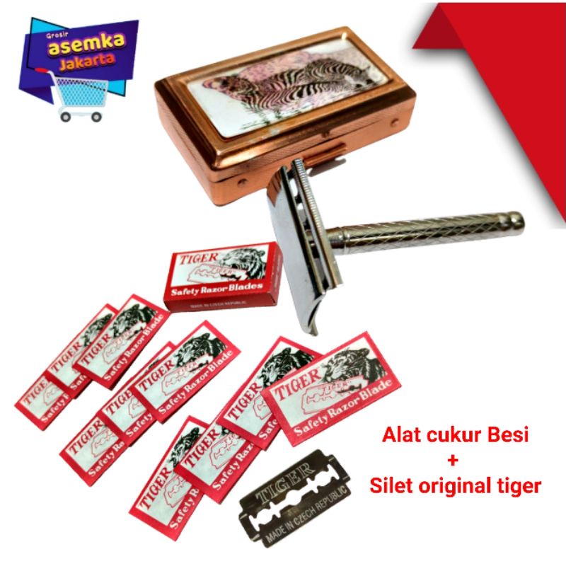 Silet Alat Cukur Besi + Silet Tiger original Siap Pakai 1set