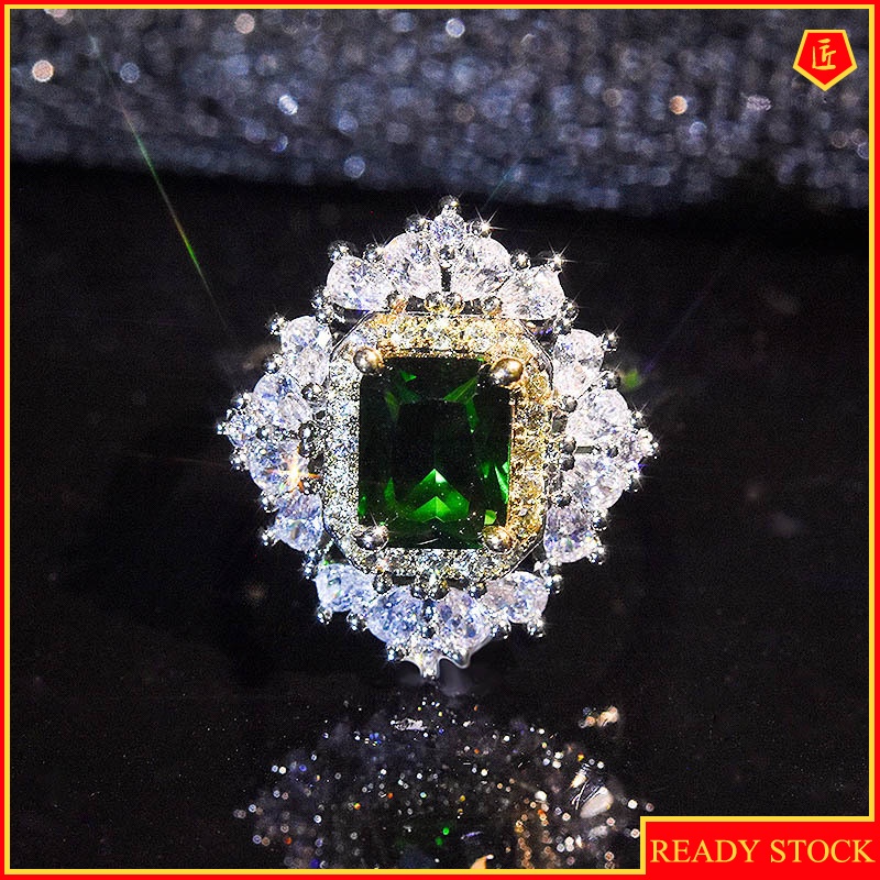 [Ready Stock]Luxury Inlaid Emerald Open Ring