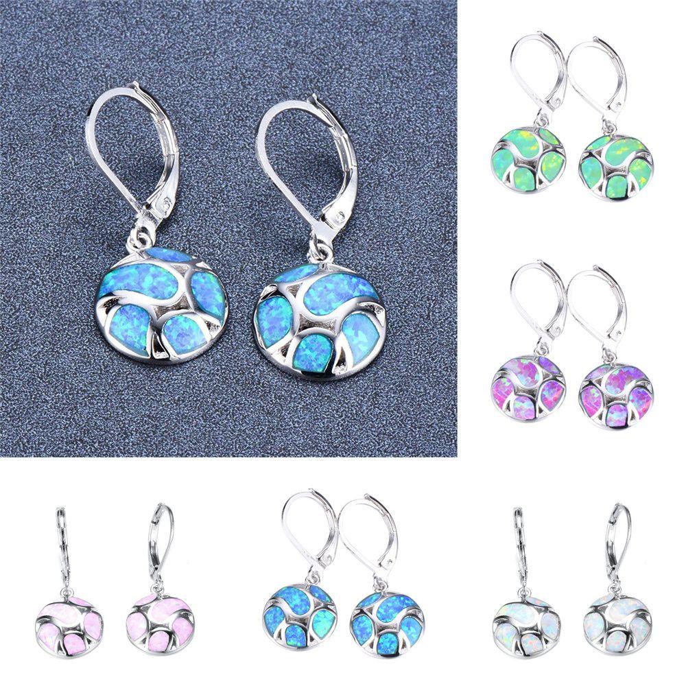 Solighter Wanita Anting Panjang Bulat Geometris Imitasi Api Opal Pendant Earrings Hoop Earrings