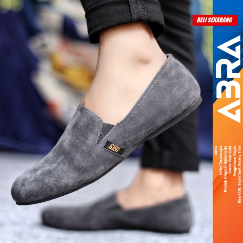 Sepatu Slip On Pria Casual Formal Kulit Suede Kerja Santai Hitam Polos Cord ABRA