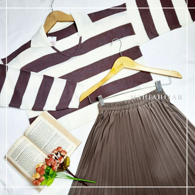 Jinni one set sweater rajut + rok plisket | outer fuji knit sweater crop | setelan wanita rajut premium