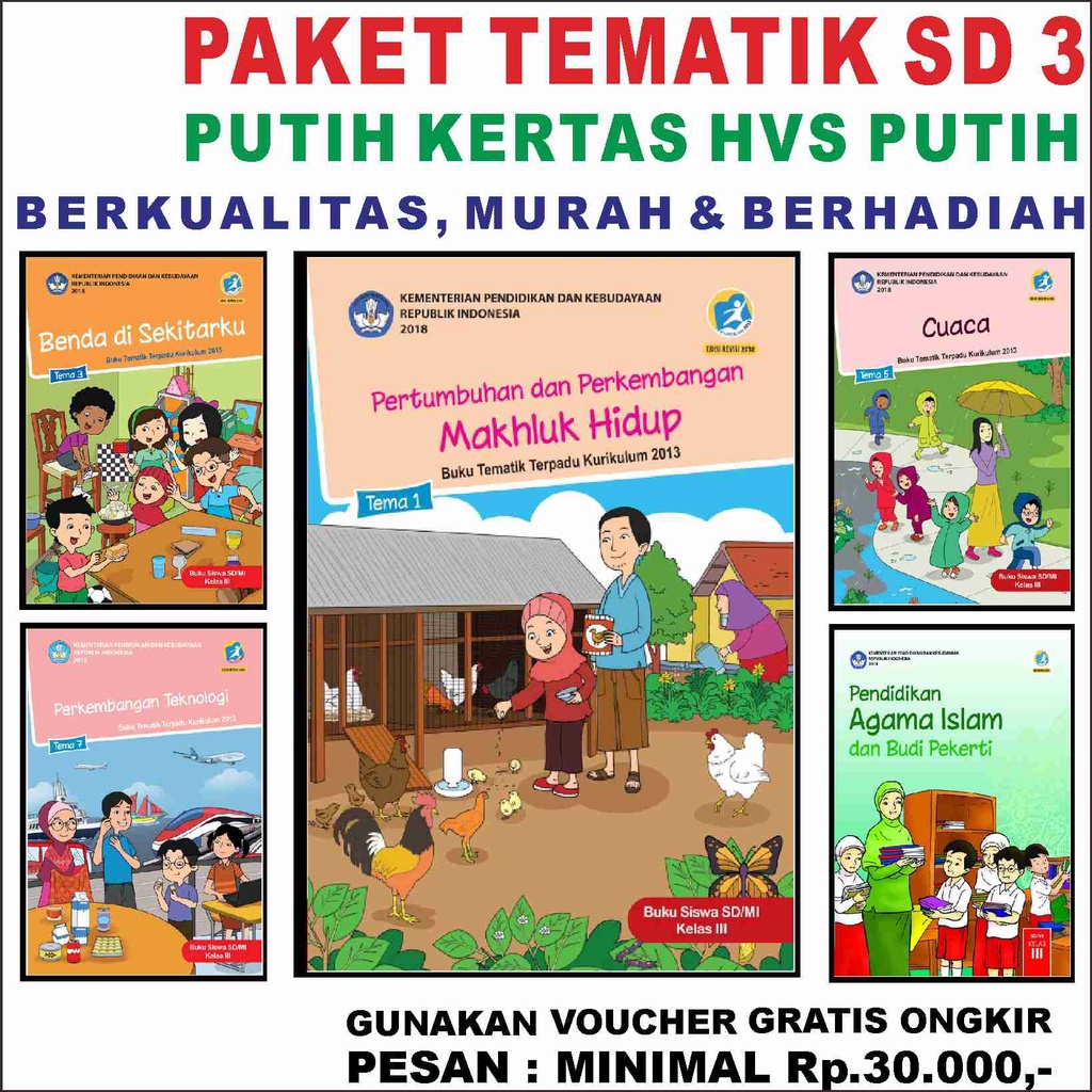 BUKU PAKET PUTIH TEMATIK SD Kelas 3 SMART KIDS  Tema 1 2 3 4 5 6 7 8 K13 Rev. 2018 Kertas HVS & Berh