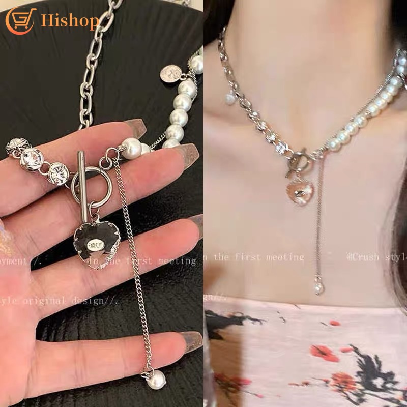 Kalung Rantai Choker Liontin Hati Hias Mutiara Kristal Warna Silver Untuk Wanita