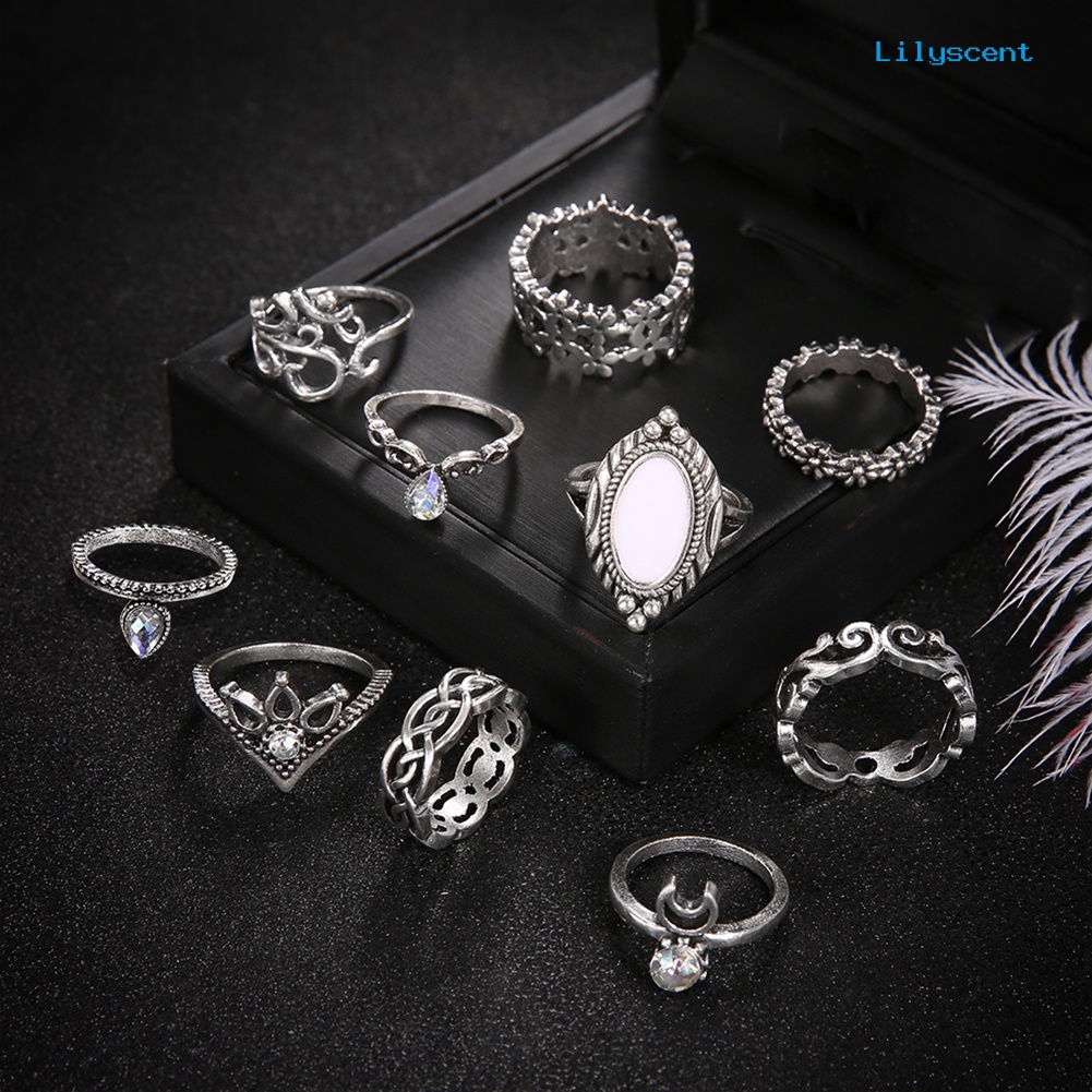 Ls 10Pcs Cincin Buku Jari Aneka Bentuk Gaya Retro Warna Silver Untuk Wanita