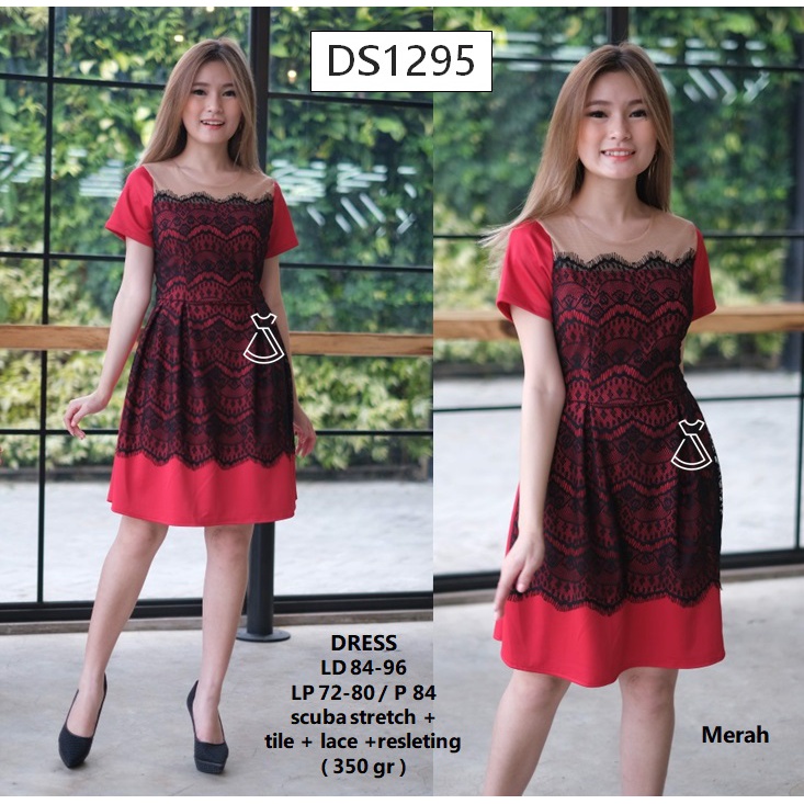 DS1295 - DRESS PESTA MIDI FLARE WANITA LACE SCUBA DRESS NATAL MODERN GROSIR MURAH