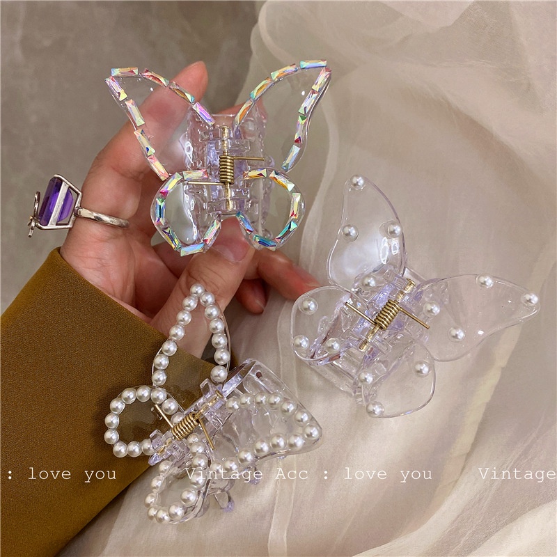 Korean retro geometric pearl butterfly clip Korean version of INS wind diamond hair clip transparent girlish butterfly shark hair clip