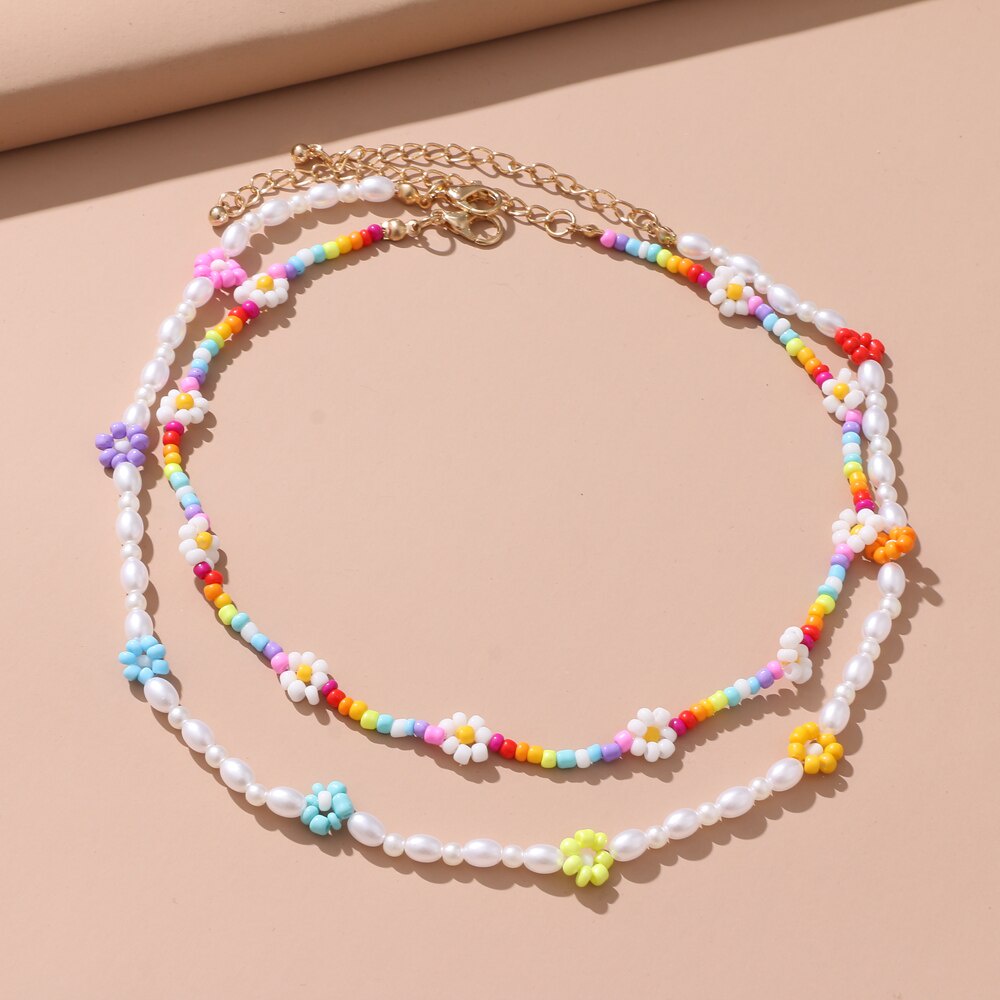 Y2K Colorful Double Layer Beaded Flower Choker Necklace for Women Bohemian Pearl Beaded Short Necklace Jewelry