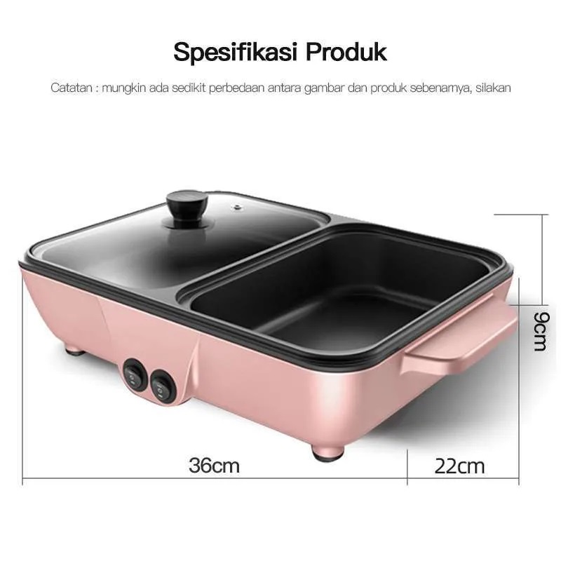 Grill Pan Pemanggang Serbaguna  Panci Elektrik Steamboat 2 Fungsi Ukuran 30 x 22 x 7 Cm