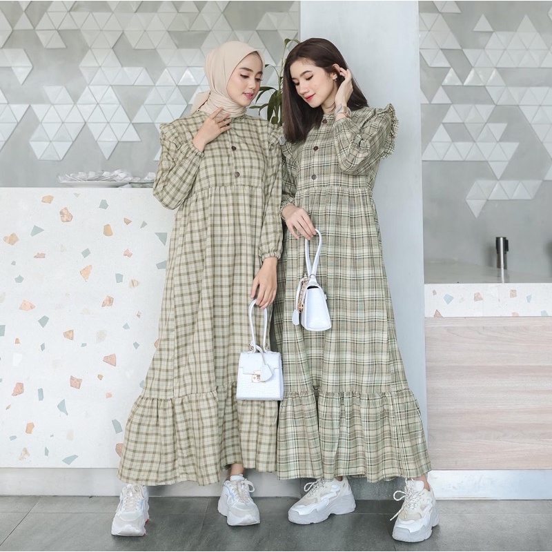 Rereyshop Lydia Dress Kotak Oxford Tebal  Adem Korean Dress Wanita Terlaris