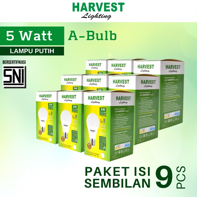 5W - Paket Isi 9 - HARVEST LIGHTING Lampu Bohlam LED A Bulb  5 Watt Lampu Hemat Energi Original Bersertifikasi SNI dan Bergaransi