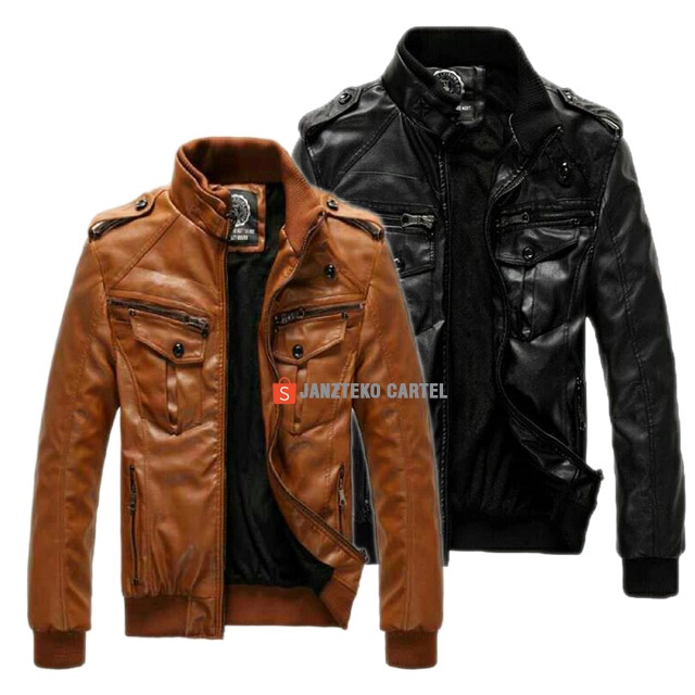 JNK x LIBERO - Jaket Pria Biker Motor Polisi Santai Bahan Semi Kulit Sintetis Viena Faux Synthetic Leather Premium Original Branded Elegan Cowok Laki Laki Remaja Dewasa Anak Muda Kekinian Outwear Motor Racing Touring Tebal Zipper Resleting Windbreaker ORI