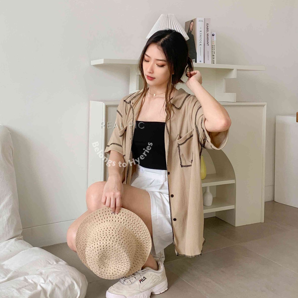 HYERIES Dabin shirt / Kemeja oversize / Pakaian Casual Wanita / Kemeja Polos Wanita / Kemeja jumbo bigsize / Atasan casual wanita / Atasan bumil / Rib blouse / Short sleeves shirt / Kemeja lengan pendek / Basic Shirt / Korea outfit / Knit oversized