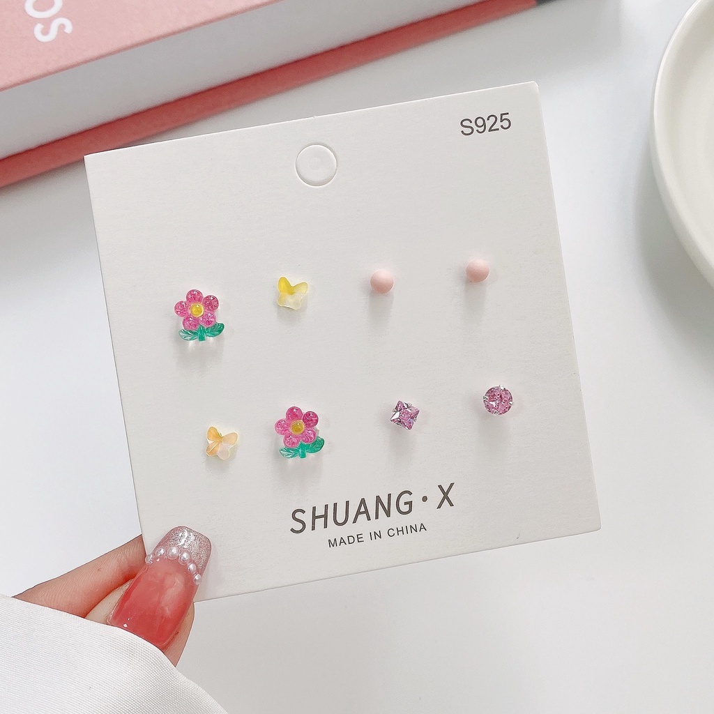 AY(CN) Set Anting Stud S925 Silver Bentuk Bunga Tulip Butterfly Bulat Geometri Aksen Kristal Gaya Korea Untuk Wanita