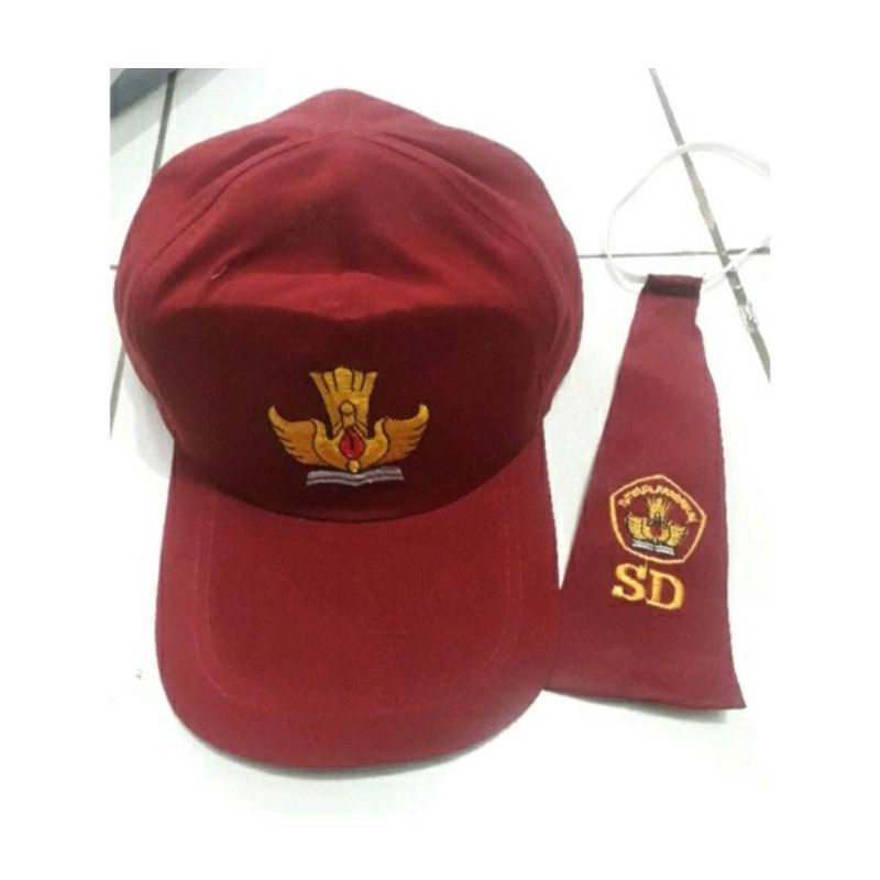 Topi Sd Bordir Merah Full Karet Gesper