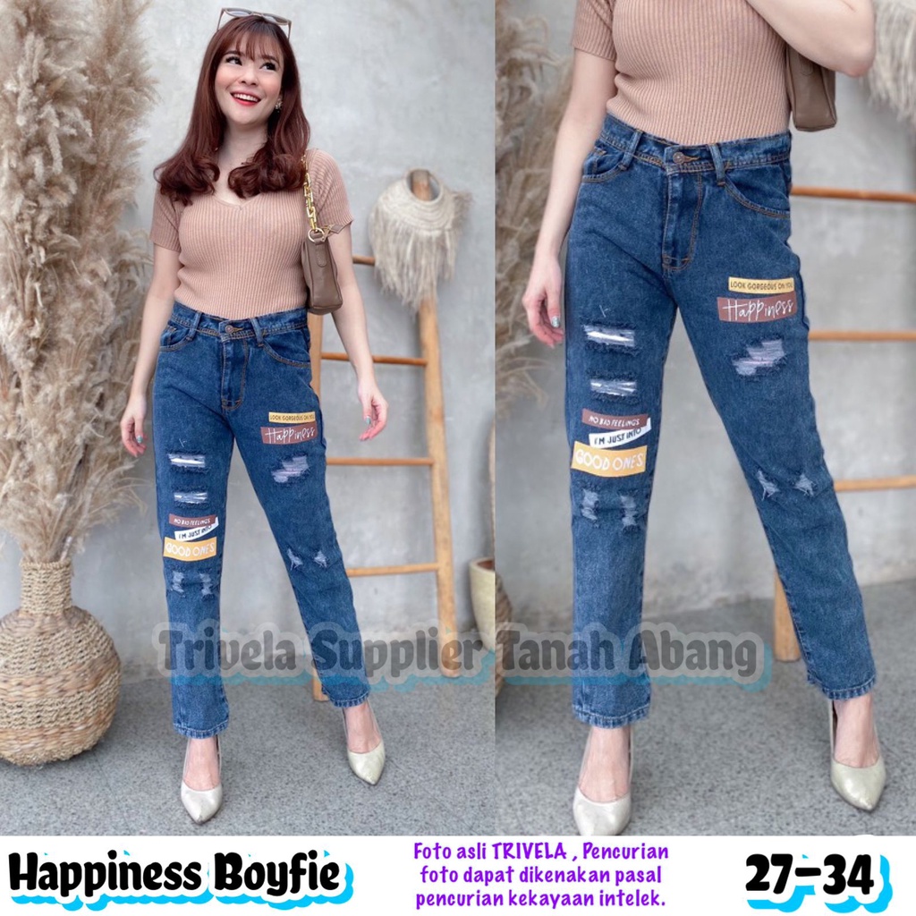 Boyfriend Jeans Happiness / Boyfriend Jeans Sobek Sablon / Boyfriend Sobek Lapis