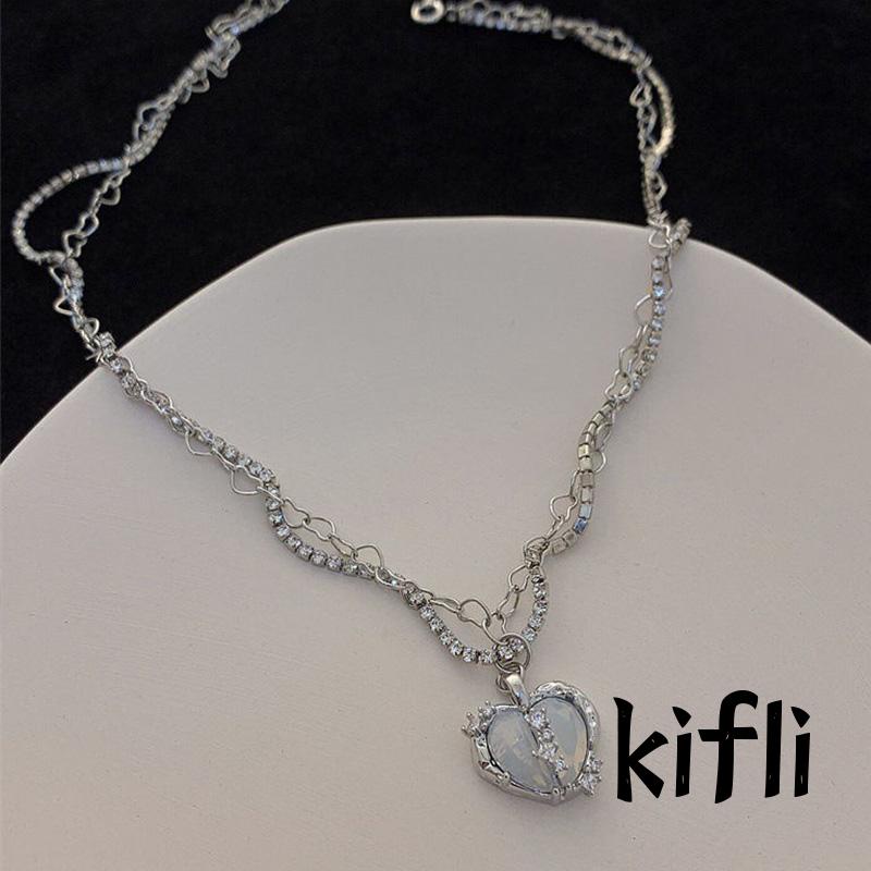 Kalung Rantai,Multilayer Liontin,Hati Aksen Zircon,Untuk Perhiasan Wanita