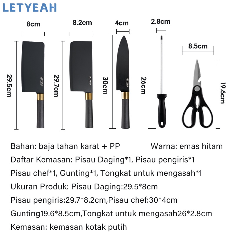 Letyeah Pisau dapur set stainless /kitchen knife set 5 pcs/pisau set/gunting dan pengasah dapur