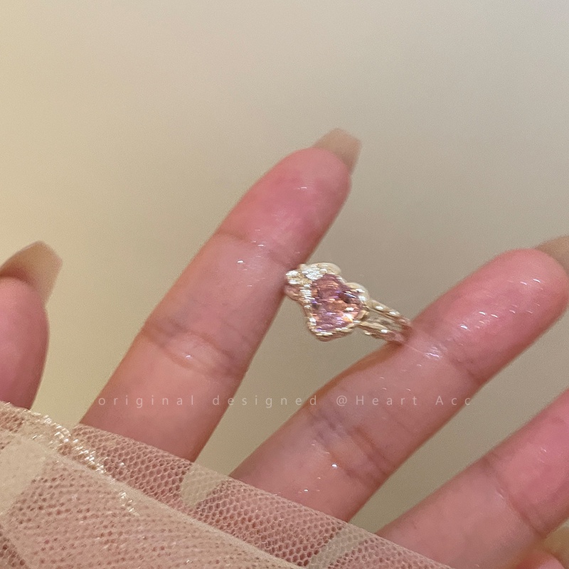 Cincin Silver Hias Kristal Pink Adjustable Untuk Wanita