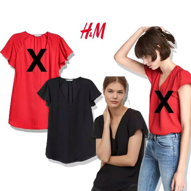 ✨️BARU✨️ Atasan , Blouse V-neck , HNM Flutter-Sleeved Top , Black