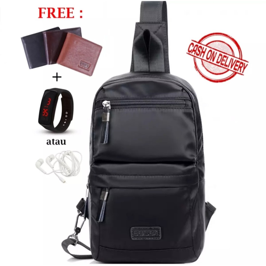 Tas Selempang Pria Murah Anti Air - MS Bag Hitam dan Navy bonus Dompet + Jam Tangan LED/Headset