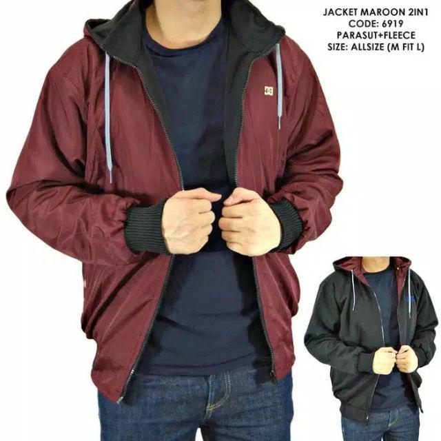 ONDENG88 JAKET BOLAK  BALIK  PRIA POLOS  PARASUT FLEECE NAVY 