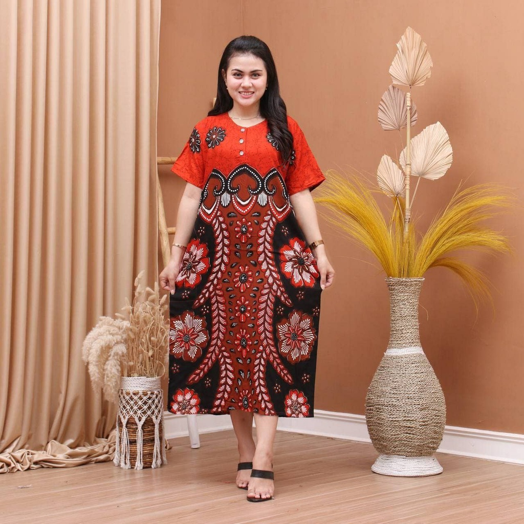 Daster Batik Prass - Motif Abstrak - Leher Kancing - Busui - Bumil - Centini Hitput-Renata Orange