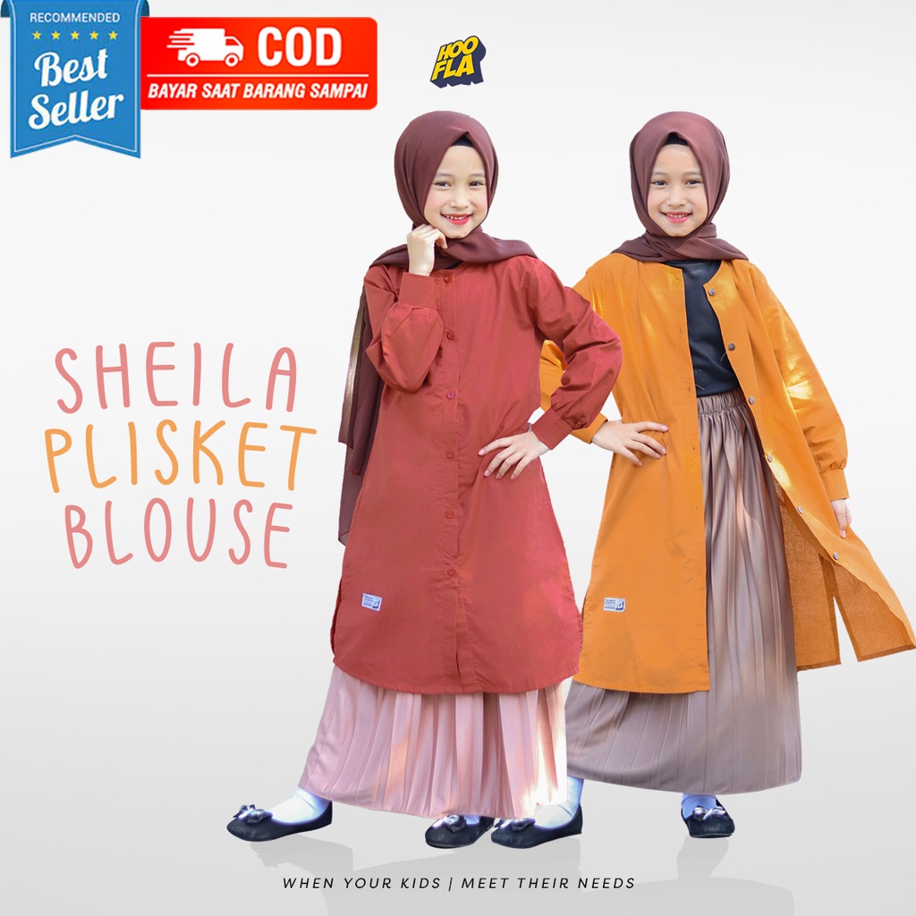 setelan baju perempuan muslim anak sheila plisket blouse, untuk 5 sampai 12 tahun, atasan bluse tuni