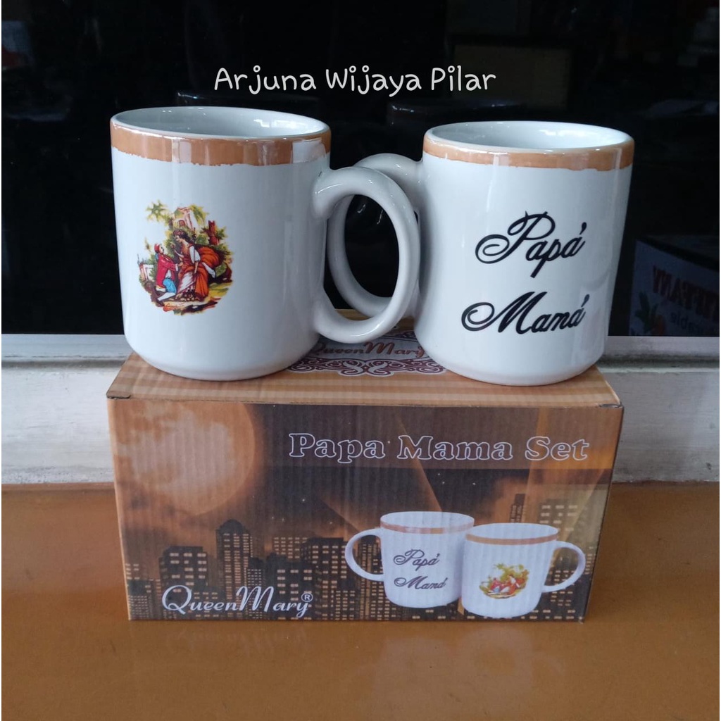 (KHUSUS GOSEND) Mug gagang papa mama set / gelas beling papa mama / cangkir motif papa mama +Kardus &amp; Bubblewrap