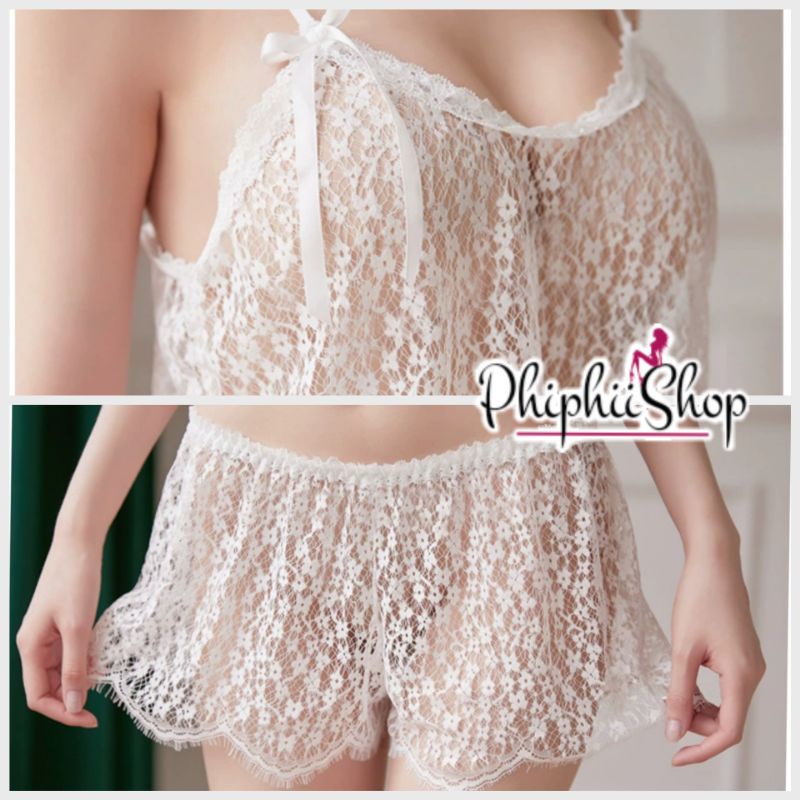 Baju tidur Set Renda Brokat Camisol Tanktop Celana Pendek Piyama Sexy Lingerie