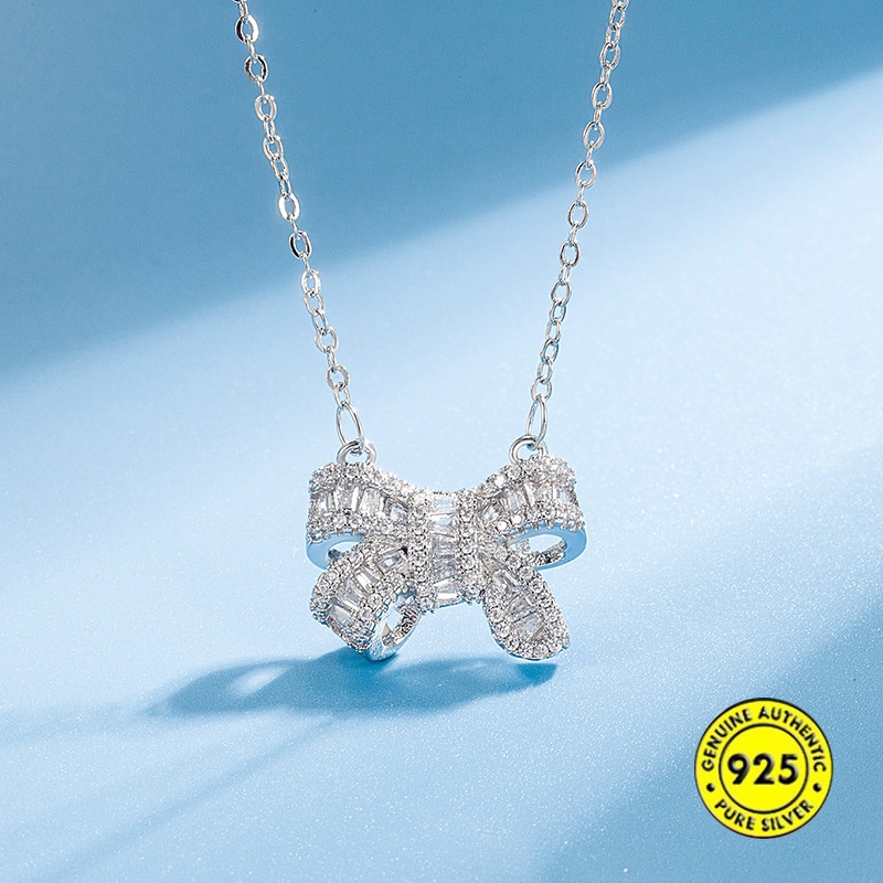 Kalung Desain Pita Aksen Berlian Imitasi Bahan S925 Silver Untuk Wanita